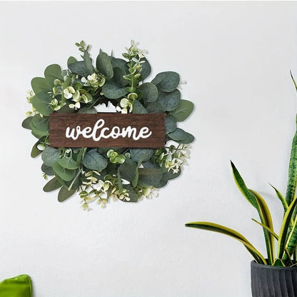 Eucalyptus welcome wreath with white berries and wooden Welcome sign - image 3
