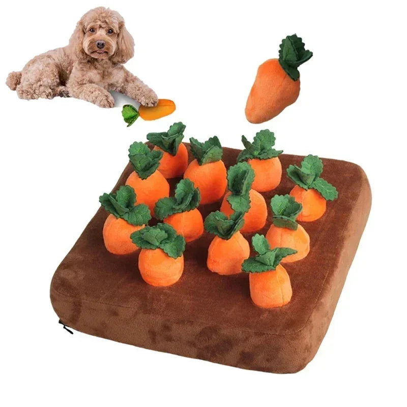 Carrot snuffle mat dog toy with plush pull-out carrots