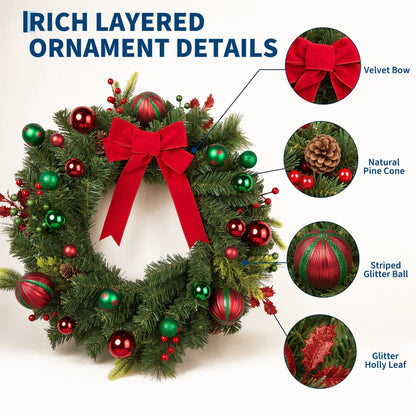 22 inch pre-lit Christmas wreath with red bow - image 4
