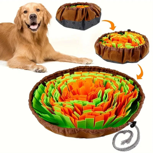 Round felt dog snuffle mat for slow feeding and sniffing games