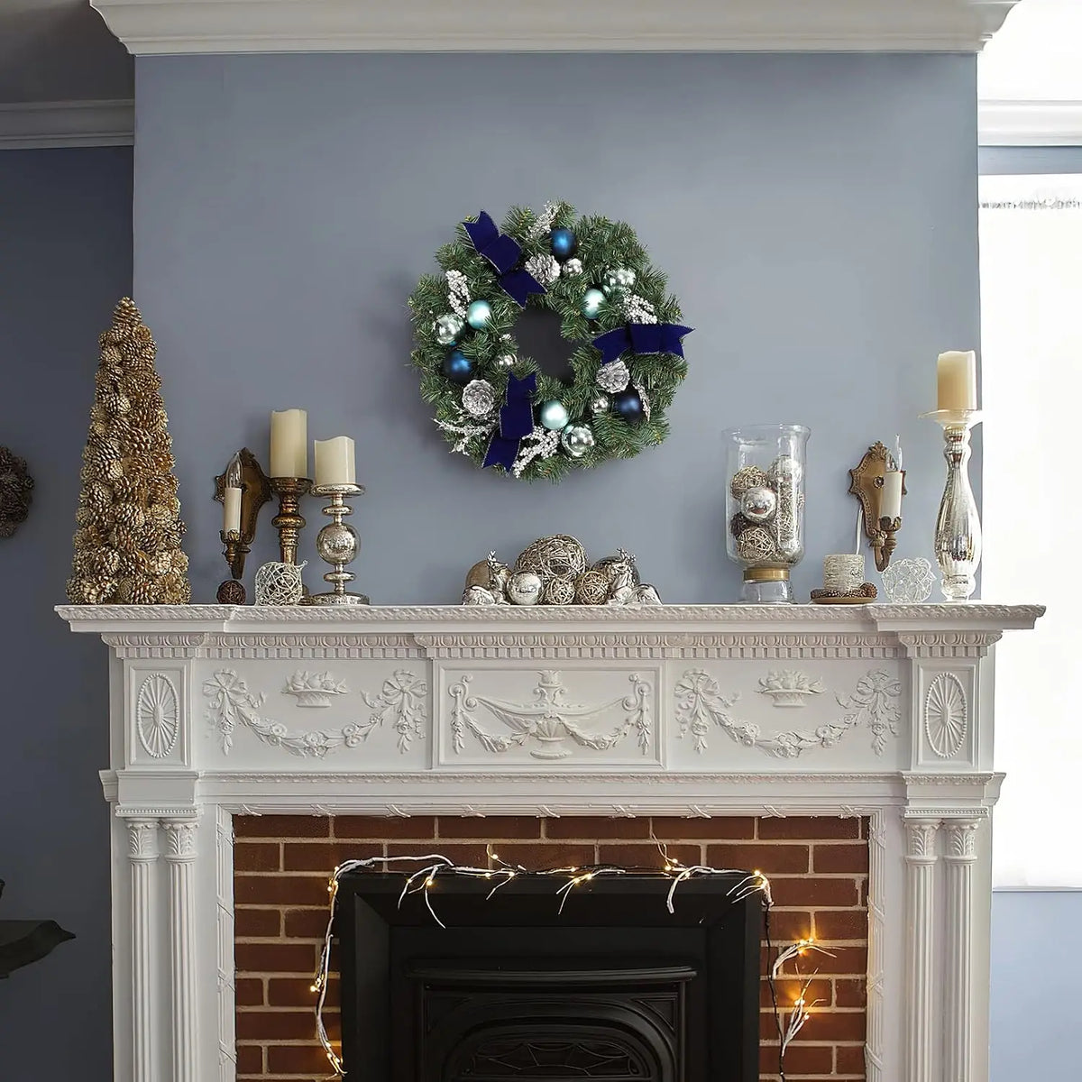 18 inch navy and silver Christmas wreath with LED lights - image 3
