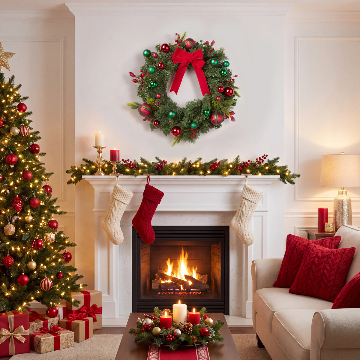 22 inch pre-lit Christmas wreath with red bow - image 6