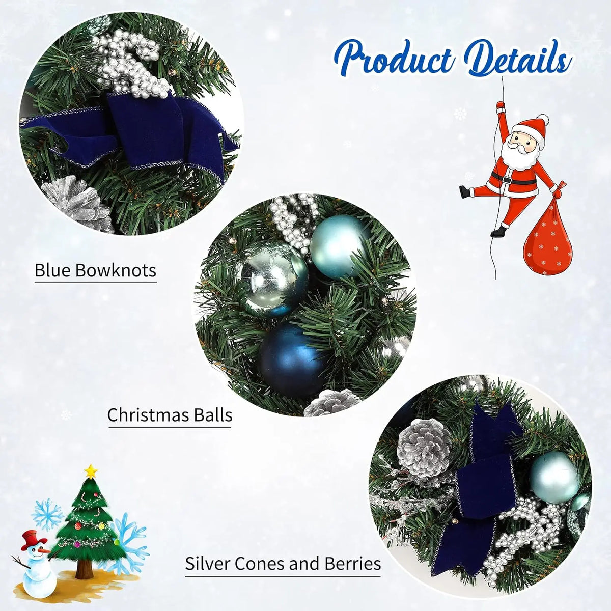 18 inch navy and silver Christmas wreath with LED lights - image 4