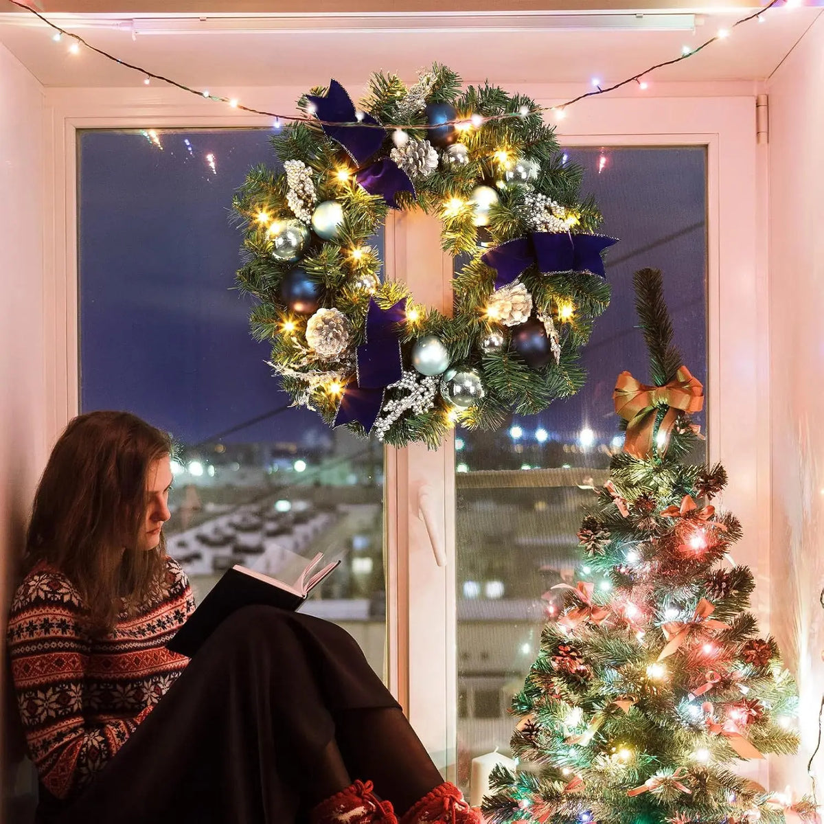 18 inch navy and silver Christmas wreath with LED lights - image 2