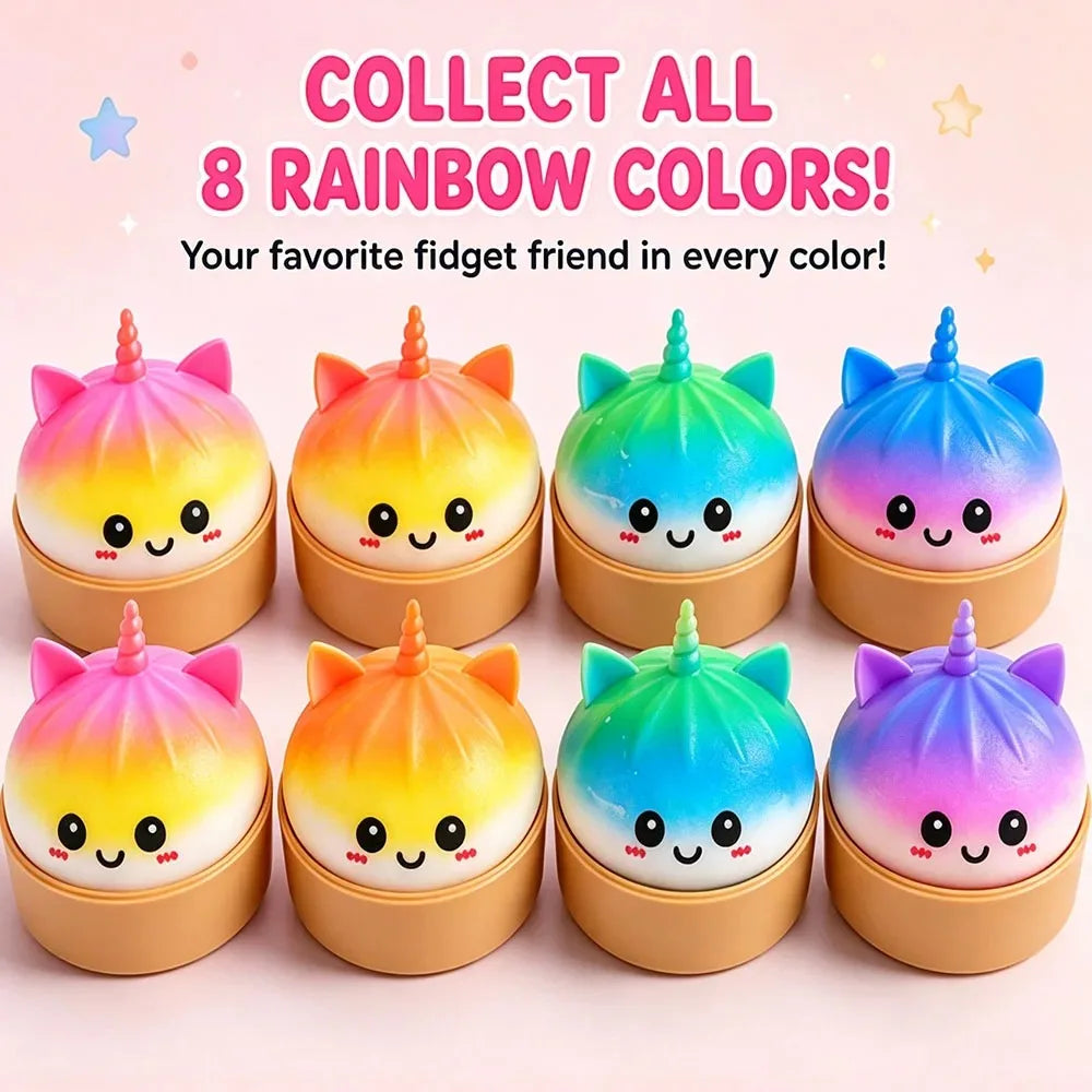 Purple bao bun squishy toy with unicorn-inspired design