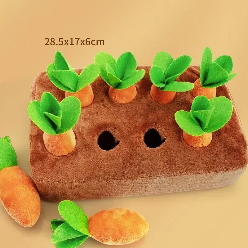 Dog sniffing for treats in carrot snuffle mat