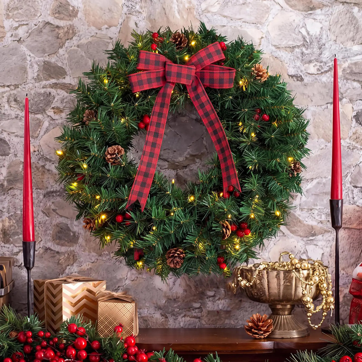 Pre-lit farmhouse Christmas wreath with plaid bow - image 10