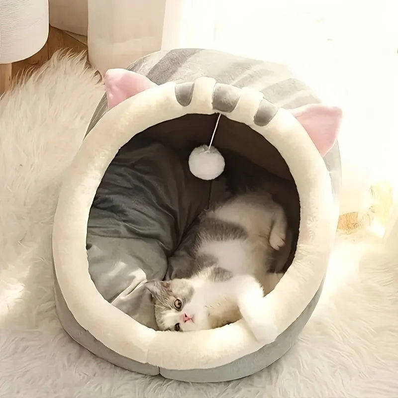 Pink plush cat house bed