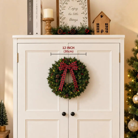 Pre-lit farmhouse Christmas wreath with plaid bow - image 11