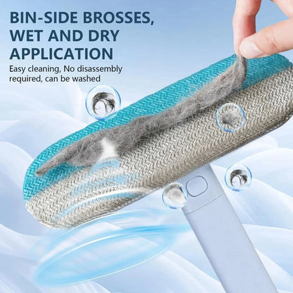 Double-sided static brush removing dog hair from sofa