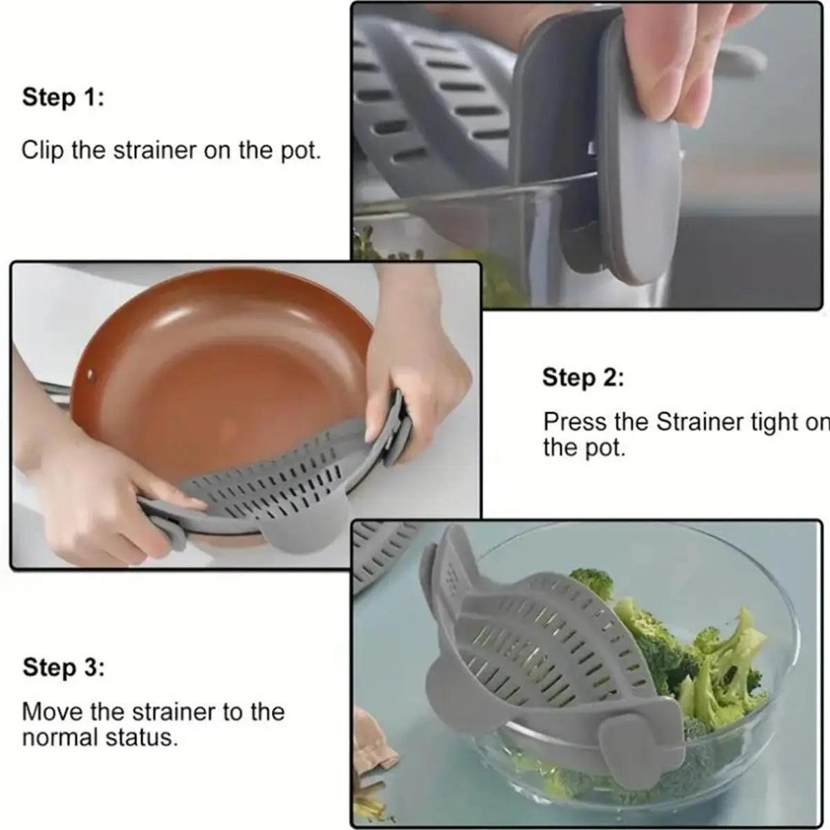 Pot strainer clipped onto pot rim