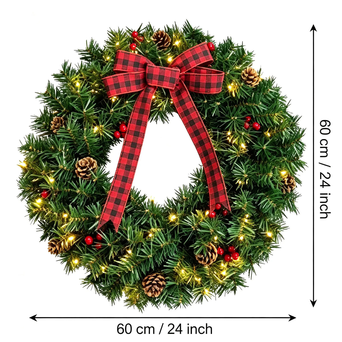 Pre-lit farmhouse Christmas wreath with plaid bow - image 9