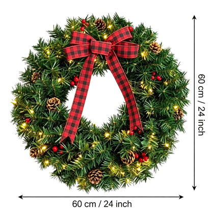 Pre-lit farmhouse Christmas wreath with plaid bow - image 9