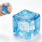Translucent glitter cube squishy stress ball with soft slow-rising texture