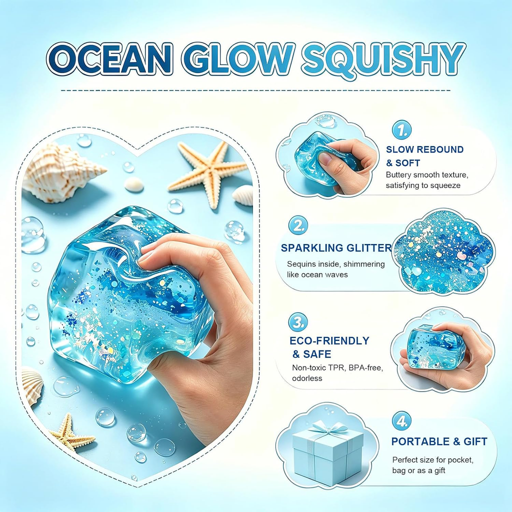 Square glitter squishy toy with translucent filling for sensory fidgeting