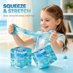 Translucent square stress ball with sparkling glitter filling