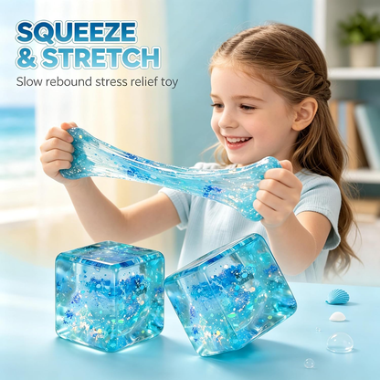 Translucent square stress ball with sparkling glitter filling