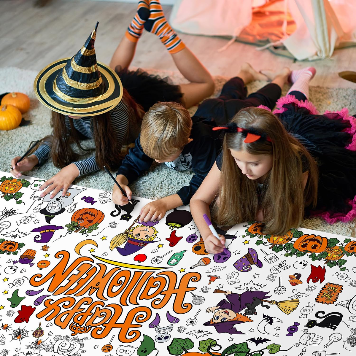 Halloween paper coloring poster used as tablecloth