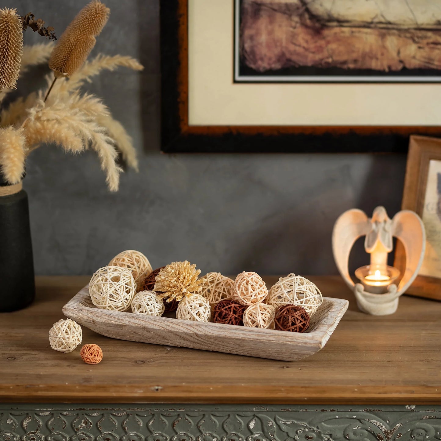 Decorative Wooden Dough Bowl，Farmhouse Wood Key Bowls Tray for Home Decor Table Centerpieces Kitchen Dining Room