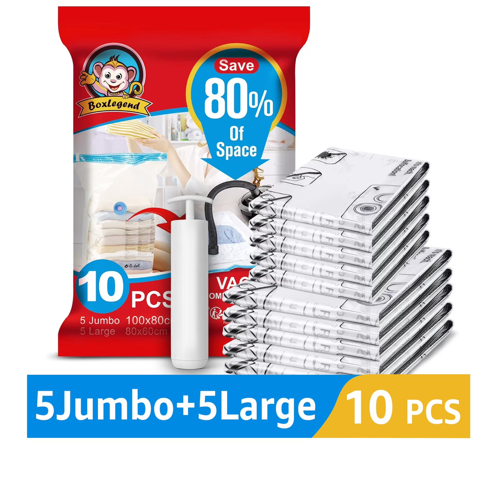 10 Pack Vacuum Storage Bags for Clothes 5 Jumbo&5 Large Space Saver Compression Bags with a Hand Pump
