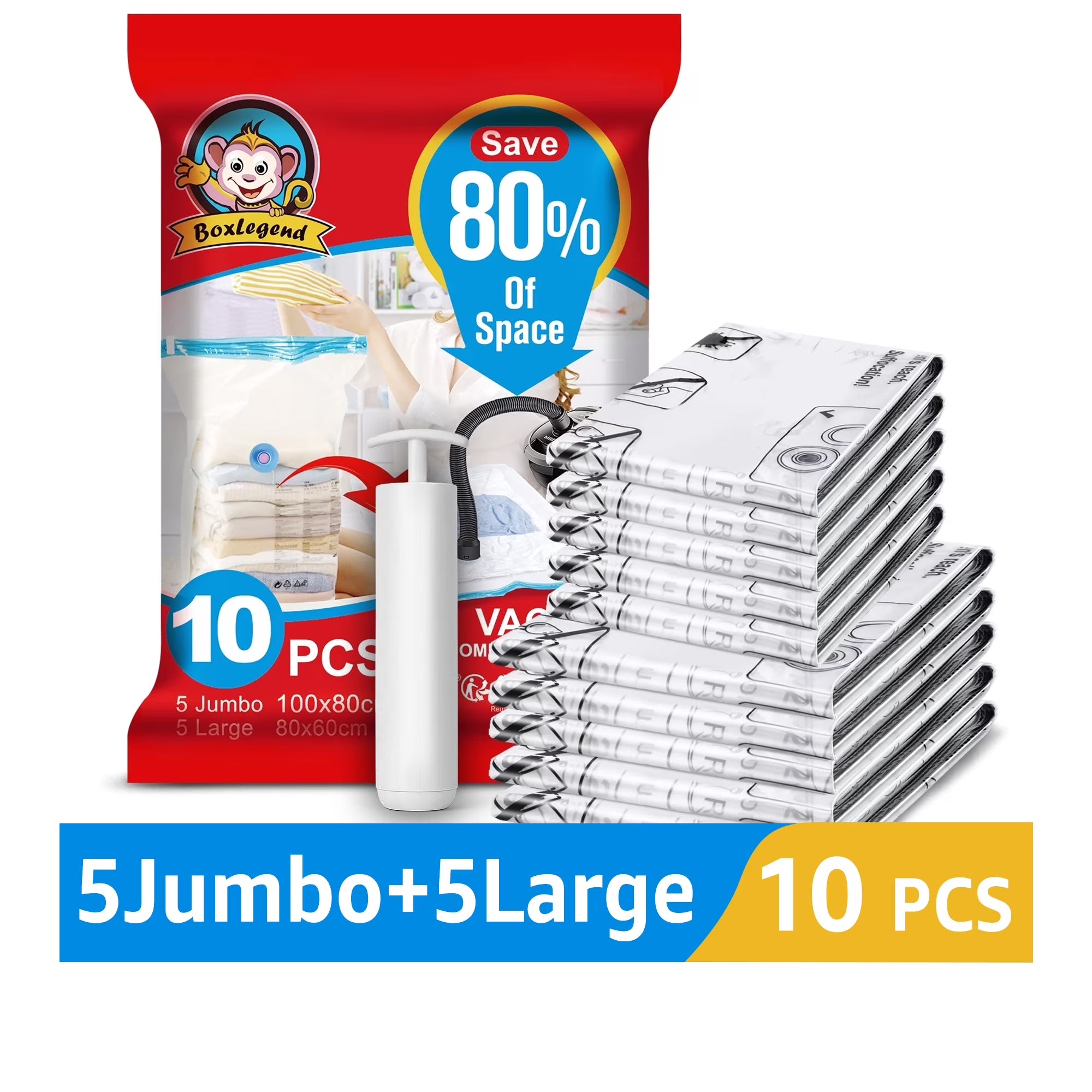 10 Pack Vacuum Storage Bags for Clothes 5 Jumbo&5 Large Space Saver Compression Bags with a Hand Pump
