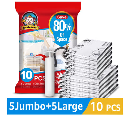 10 Pack Vacuum Storage Bags for Clothes 5 Jumbo&5 Large Space Saver Compression Bags with a Hand Pump