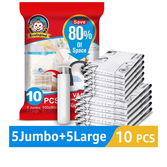 10 Pack Vacuum Storage Bags for Clothes 5 Jumbo&5 Large Space Saver Compression Bags with a Hand Pump