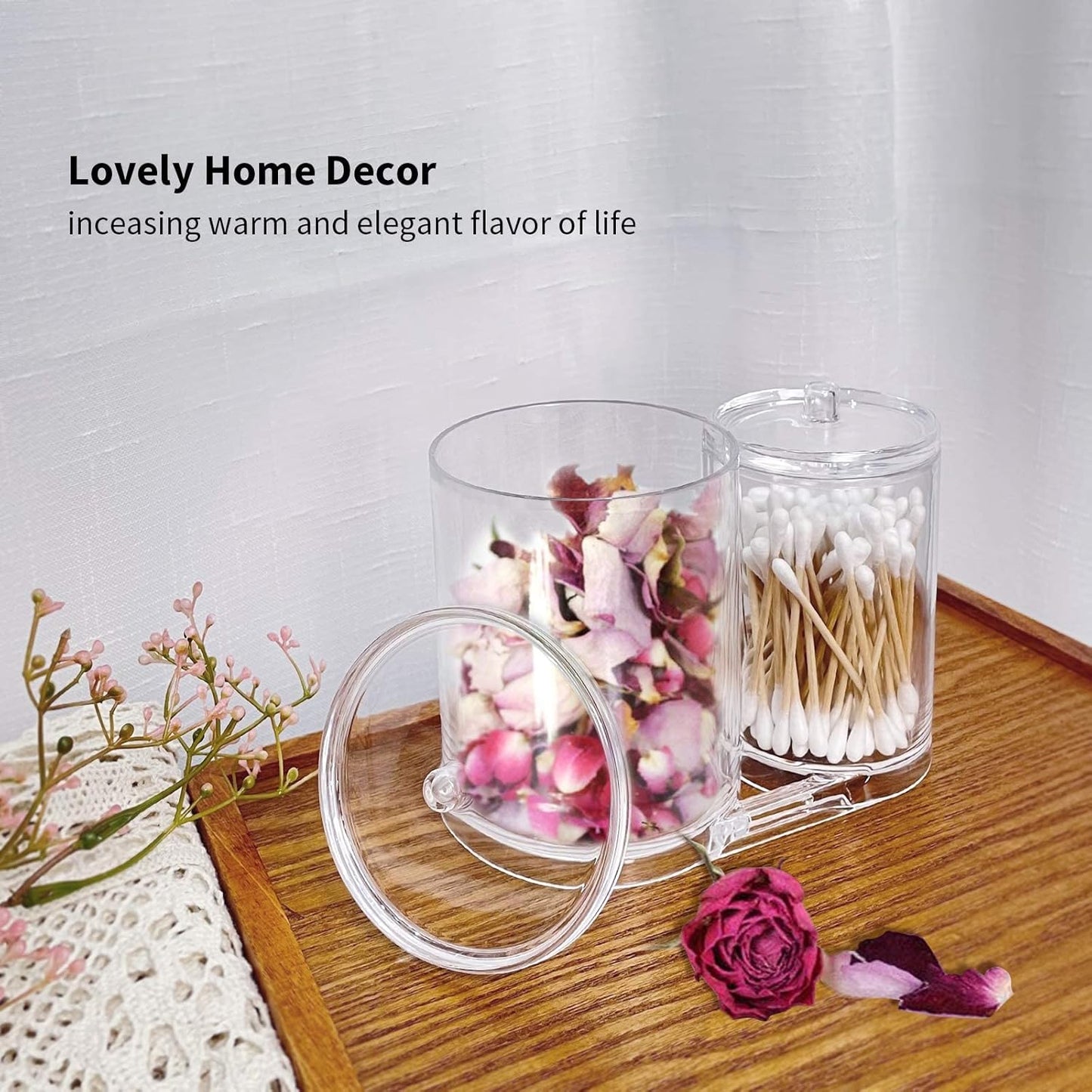 2-Pack Clear Plastic Qtip & Cotton Ball Holder Jars with Lids, Bathroom Storage Canisters (20oz & 10oz)