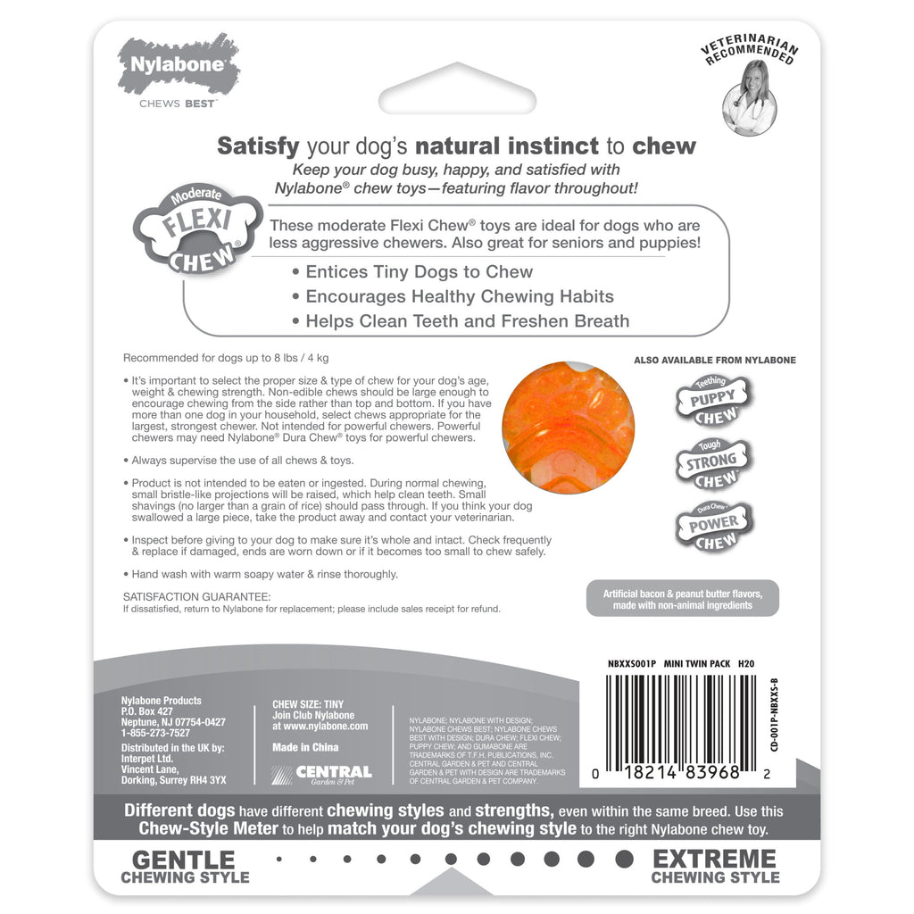 2-Pack XX-Small Chew Bone Dog Toy – Peanut Butter & Bacon, Orange & Blue