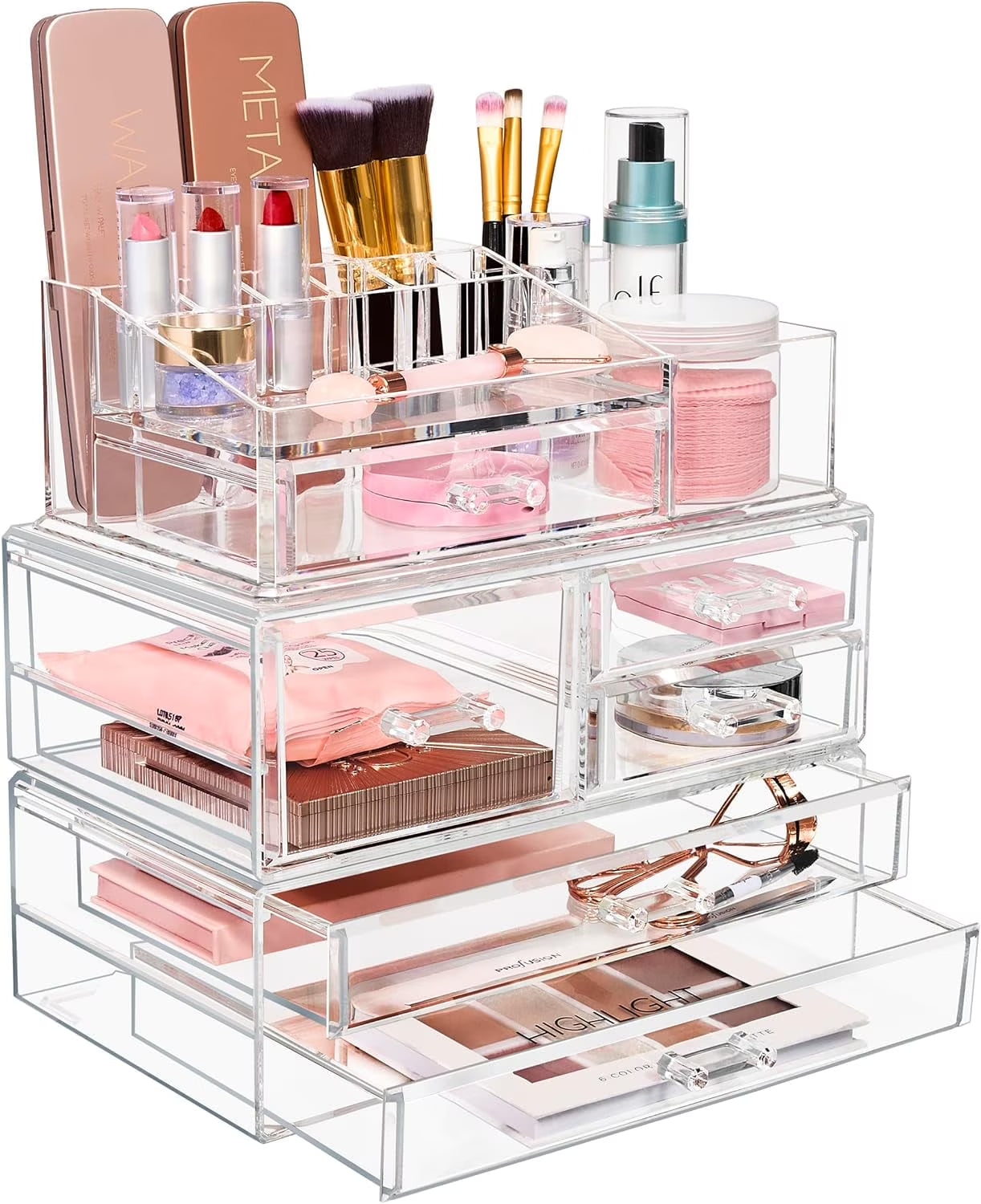 3 Piece Acrylic Makeup Organizer Set - Vanity Countertop Cosmetics and Jewelry Storage Case Display with 5 Easy Glide Drawers 16 Slot Top Tray
