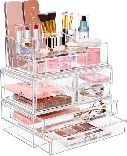 3 Piece Acrylic Makeup Organizer Set - Vanity Countertop Cosmetics and Jewelry Storage Case Display with 5 Easy Glide Drawers 16 Slot Top Tray