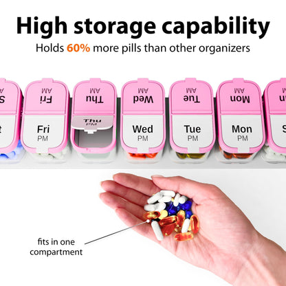 Extra Large Pill Organizer Pink White 2 Times a Day Big Pill Box 7 Day Am Pm XL