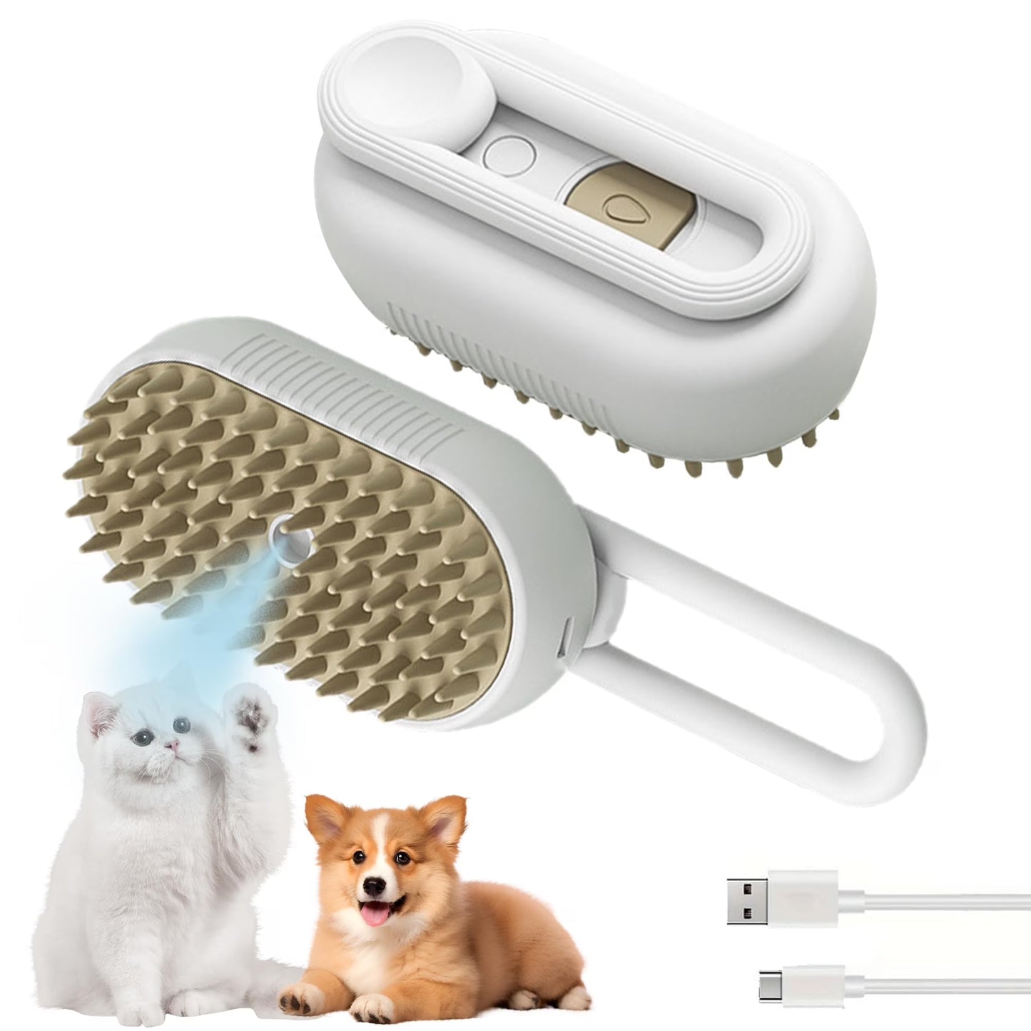 3-in-1 Pet Grooming Steam Brush for Cats & Dogs, Hair Removal Comb with Spray for Long & Short Hair (Gray)