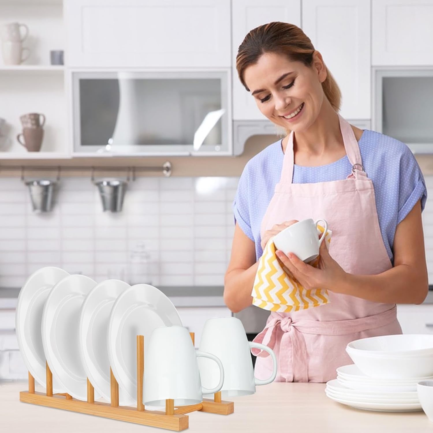 2-Pack Bamboo Wooden Dish Racks, Vertical Plate & Pot Holders for Kitchen Cabinet, Bowls, Cups, Lids, Cutting Boards & Books