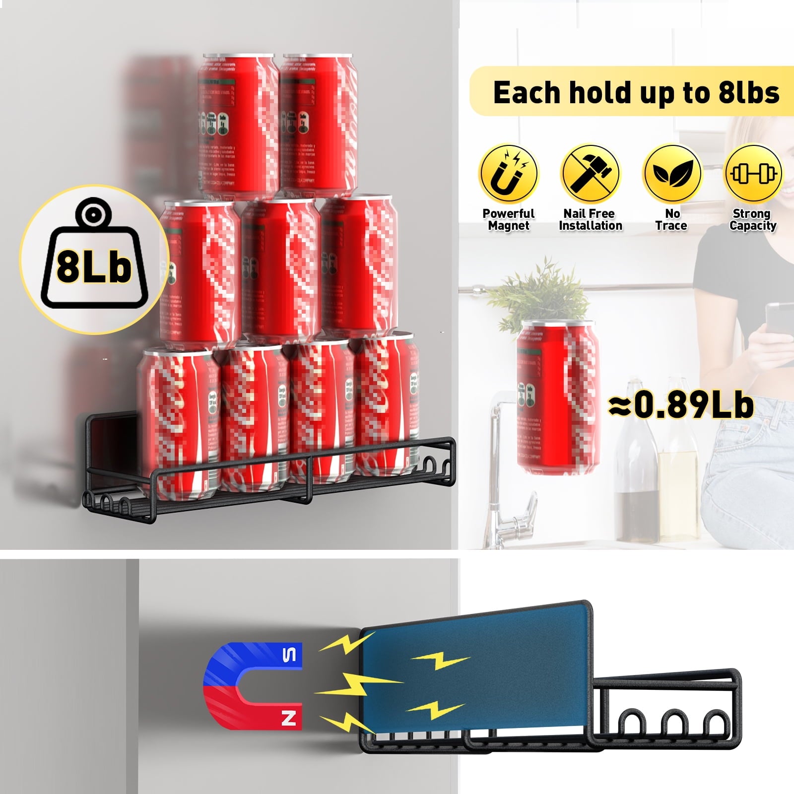 4-Pack Black Magnetic Spice Racks for Refrigerator & Oven, Metal Storage Shelves with Strong Magnets for Seasoning Organization