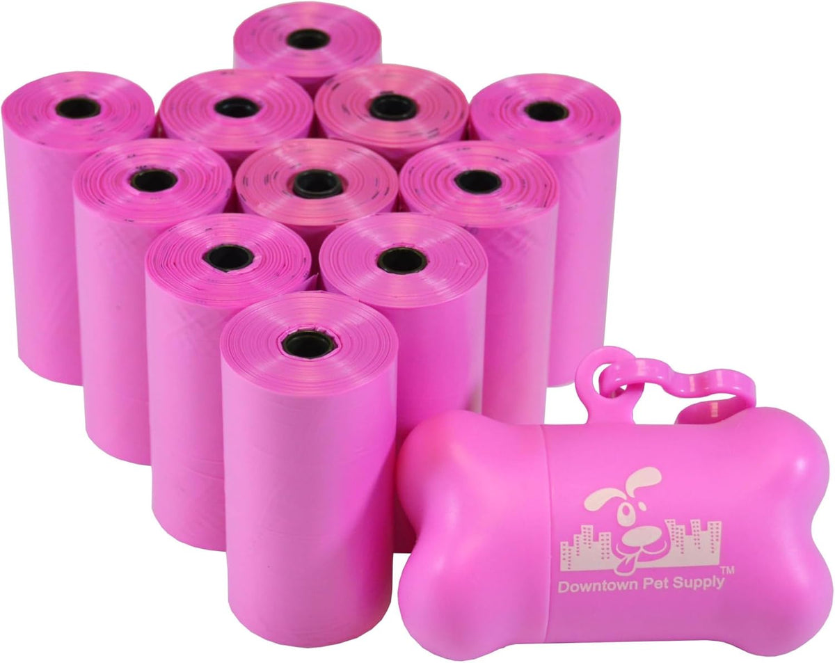 Leakproof rainbow dog waste bags with paw prints and bone-shaped holder