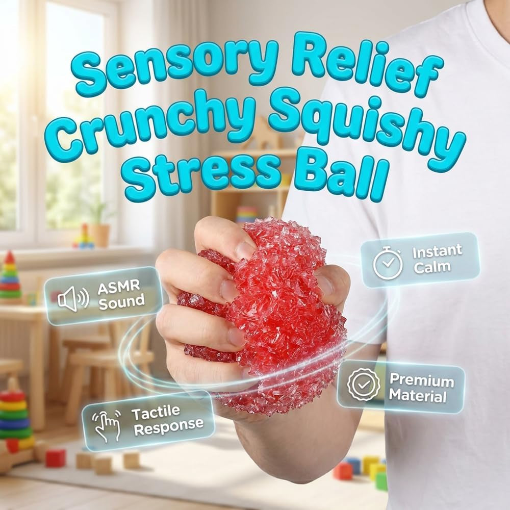 Red slow-rising squishy squeeze ball with non-sticky sensory texture