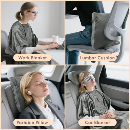 Travel Blanket Airplane Office Poncho 4 in 1 Premium Cozy Fleece Portable Poncho Blankets with Built-In Bag, Pocket