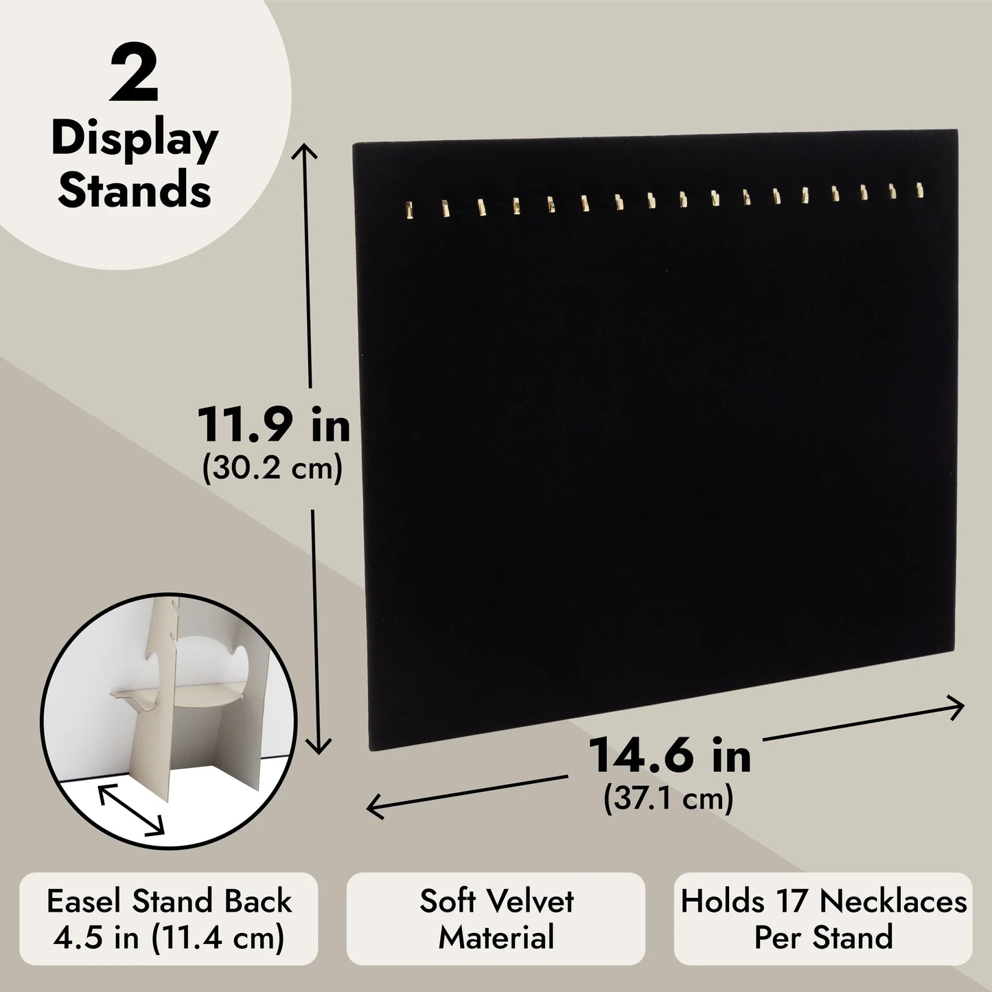 2-Pack Jewelry Display for Selling - Velvet Necklace Holder Stand, Organizer for Retail (17 Hooks, Black)