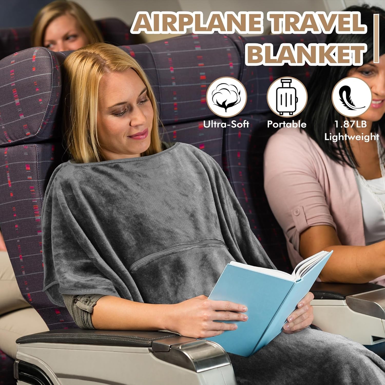 Travel Blanket Airplane Office Poncho 4 in 1 Premium Cozy Fleece Portable Poncho Blankets with Built-In Bag, Pocket