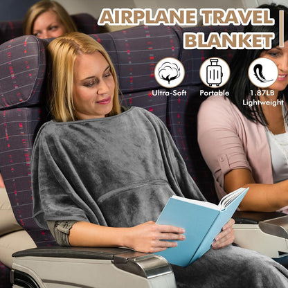 Travel Blanket Airplane Office Poncho 4 in 1 Premium Cozy Fleece Portable Poncho Blankets with Built-In Bag, Pocket