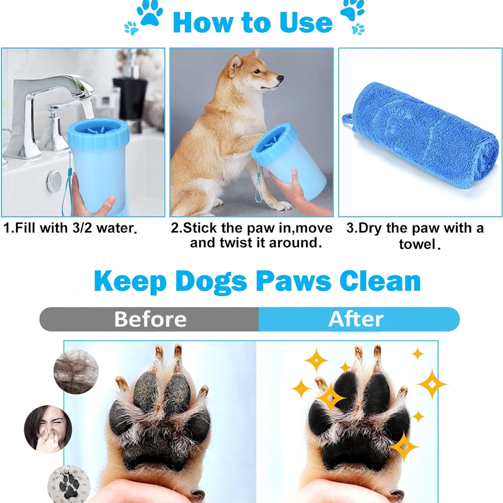 Portable Dog Paw Washer Set – Silicone Cleaner Cup with 3 Towels & Adjustable Bath Brush for Medium & Large Dogs