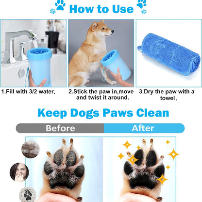 Portable Dog Paw Washer Set – Silicone Cleaner Cup with 3 Towels & Adjustable Bath Brush for Medium & Large Dogs