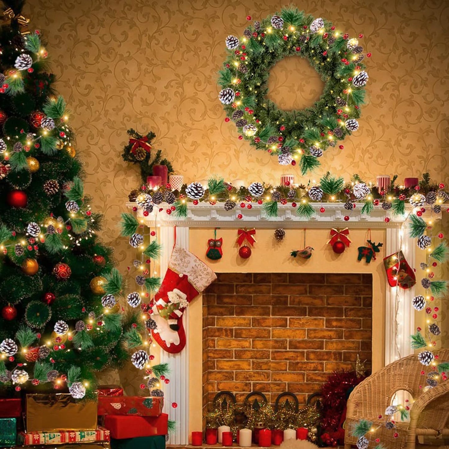 Casy Nest Christmas Garland Decoration with Lights, 7FT 20LED Pine Cone Red Berry Bell Battery Operated Christma String Light, Lighted up Pinecone Vine Indoor Outdoor Xmas Tree New Year Holiday Decor