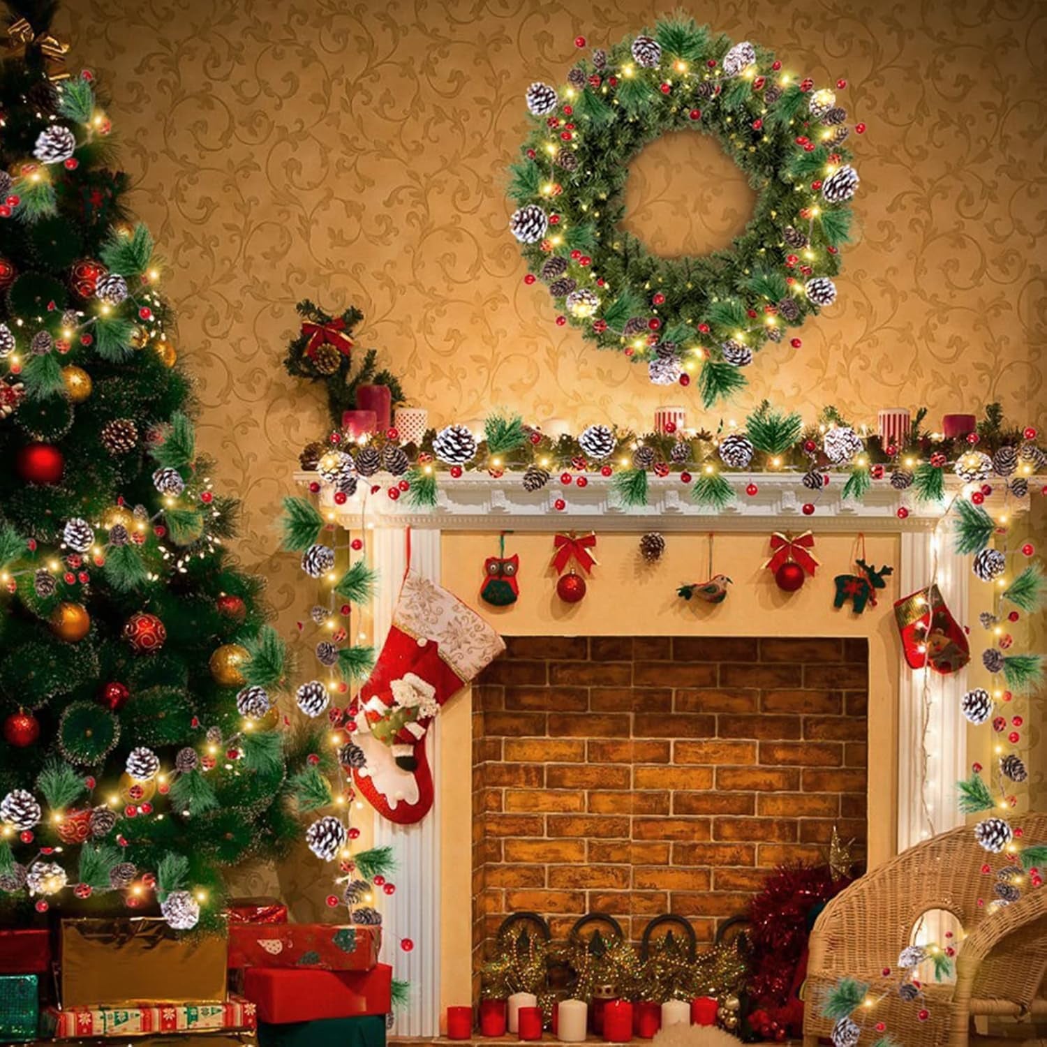 Casy Nest Christmas Garland Decoration with Lights, 7FT 20LED Pine Cone Red Berry Bell Battery Operated Christma String Light, Lighted up Pinecone Vine Indoor Outdoor Xmas Tree New Year Holiday Decor