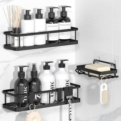 Adhesive Rustproof Shower Caddy with Removable Hooks, Large Capacity Bathroom Organizer, No-Drill Storage Shelf, Black