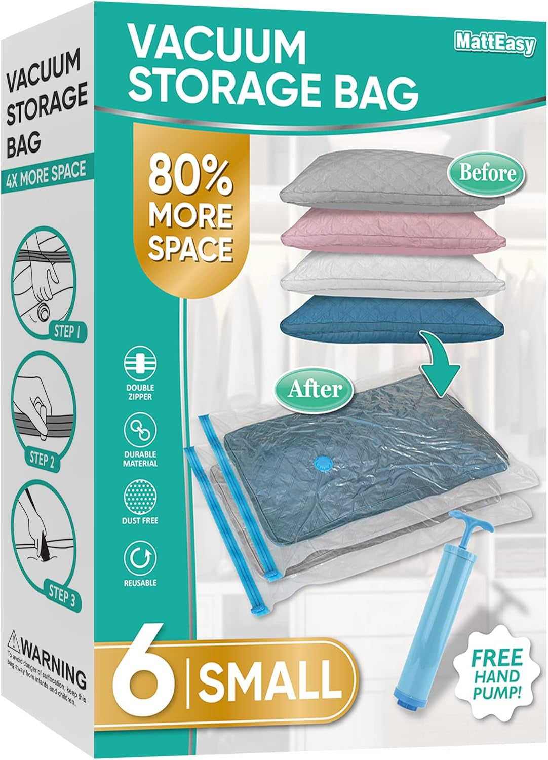 6-Pack Small Vacuum Storage Bags with Pump – Space Saver Bags for Clothes, Bedding, Blankets & Comforters