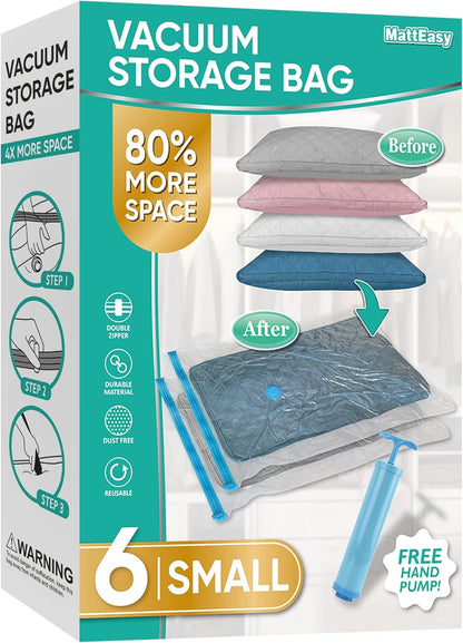 6-Pack Small Vacuum Storage Bags with Pump – Space Saver Bags for Clothes, Bedding, Blankets & Comforters