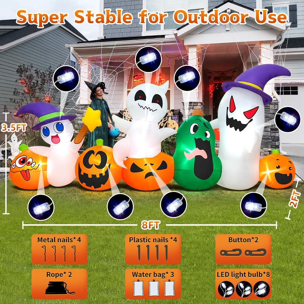 Light-up Halloween ghost inflatable with pumpkin for spooky outdoor decor