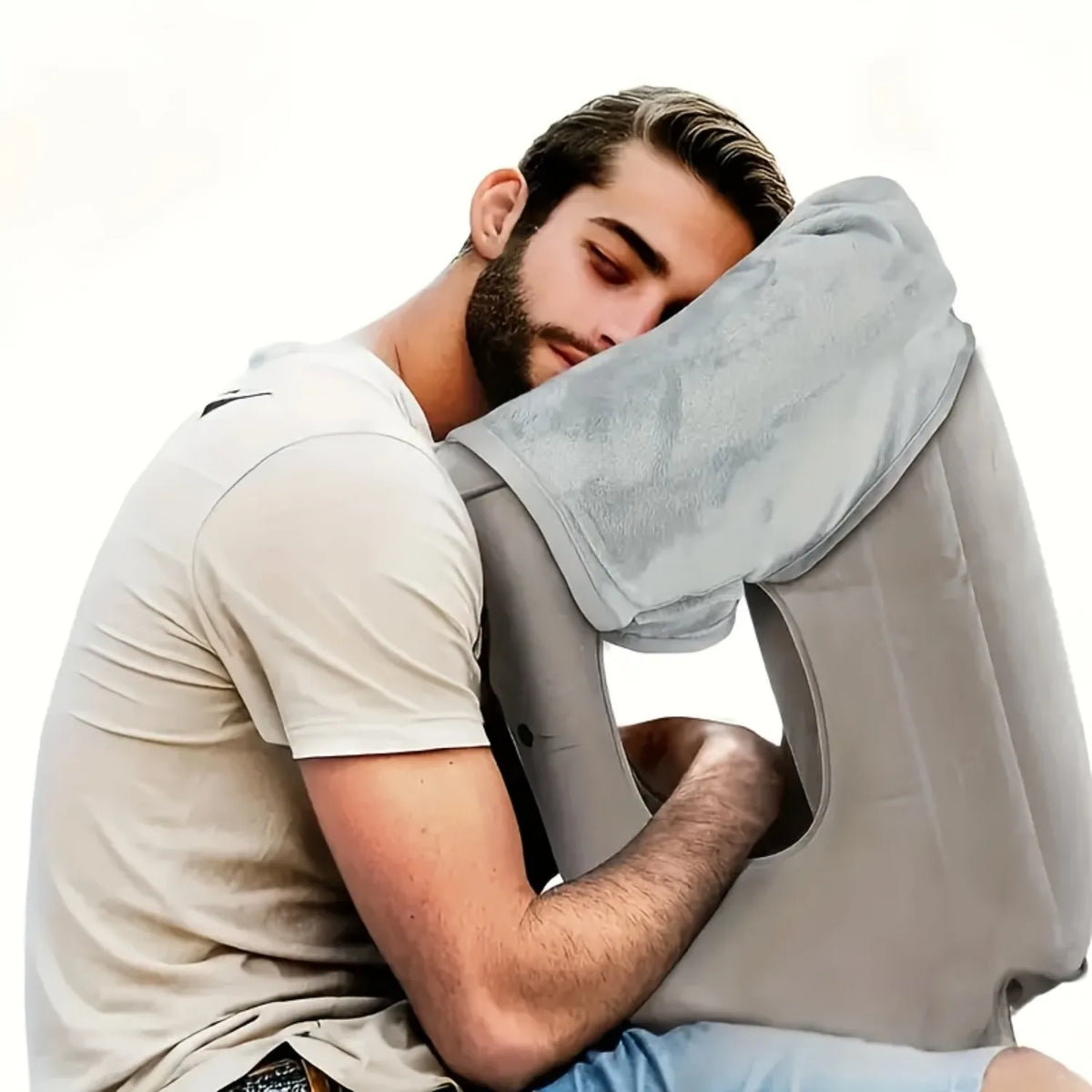 Silver travel pillow for airplane and long journey comfort